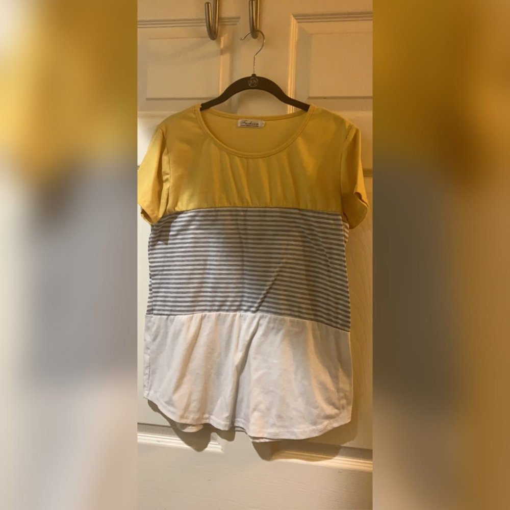 Small Yellow, Grey, and White Blouse